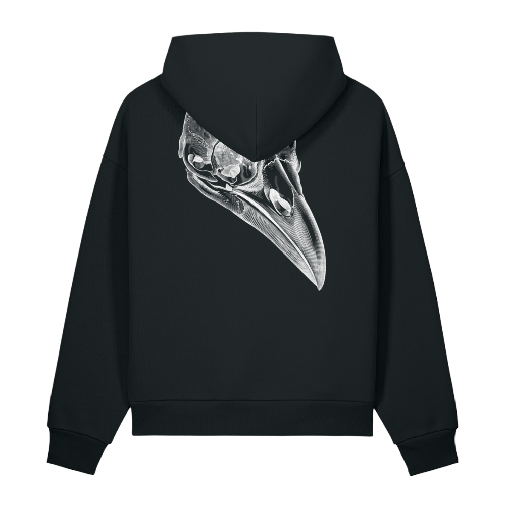 A black pullover hoodie shown from the back, featuring a large, detailed grayscale illustration of a bird skull on the upper back.