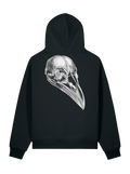 A black pullover hoodie shown from the back, featuring a large, detailed silver-gray raven skull graphic printed across the center.