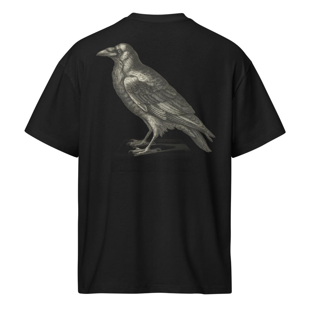 A black short-sleeve t-shirt shown from the back, featuring a large detailed grayscale illustration of a raven perched on the center back.