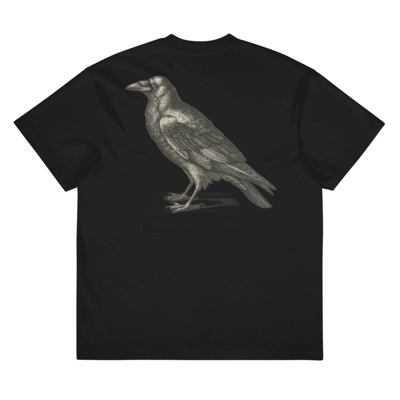 A black short-sleeve t-shirt with a detailed gray graphic of a raven on the back.