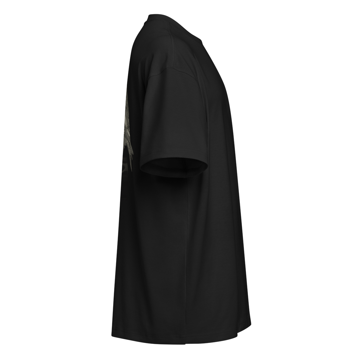 A black short-sleeve t-shirt shown from a side profile view.