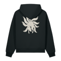 A black pullover hoodie shown from the back, featuring a large light gray line-art graphic of a nine-tailed fox on the center back.