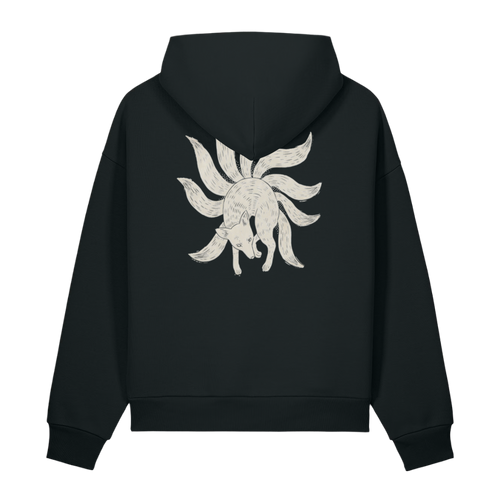A black pullover hoodie shown from the back, featuring a large light gray line-art graphic of a nine-tailed fox on the center back.