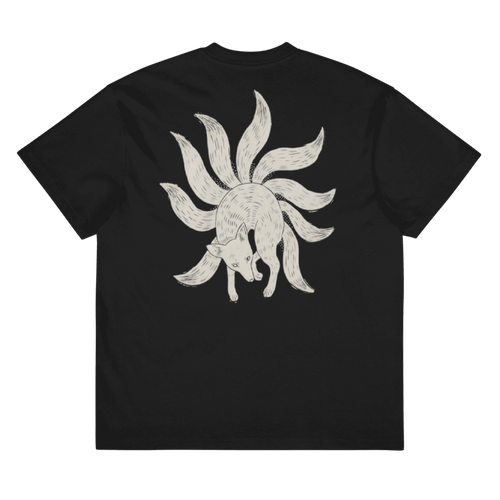 A black short-sleeve t-shirt shown flat against a white background, featuring a large white line-art graphic of a nine-tailed fox on the back.