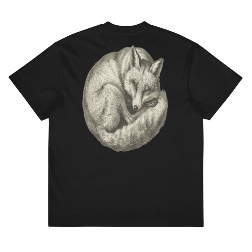 A black short-sleeve t-shirt with a large circular graphic print of a sleeping fox on the back.