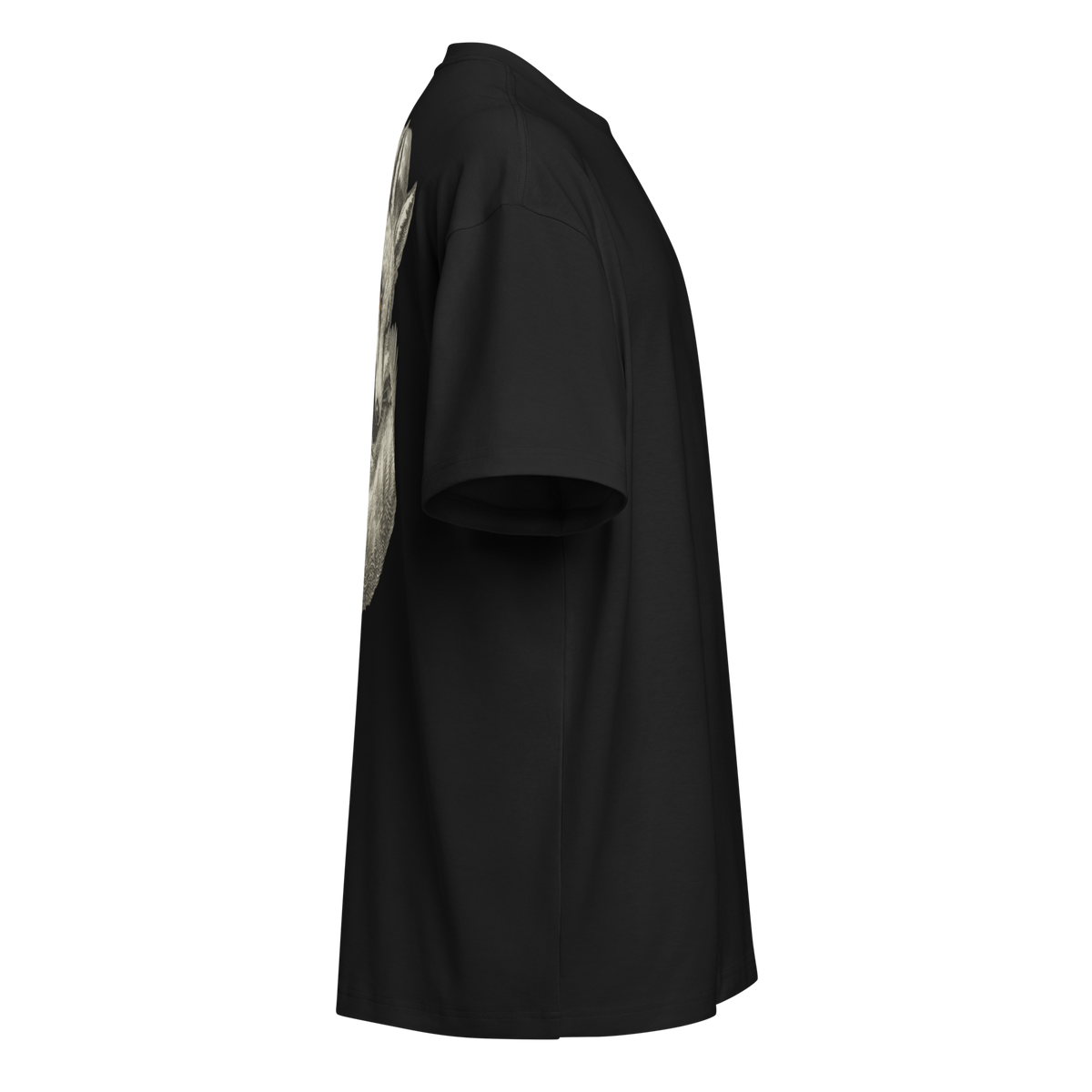 A black short-sleeve t-shirt shown from a side profile view, featuring a large graphic print on the back in shades of beige, gray, and black.