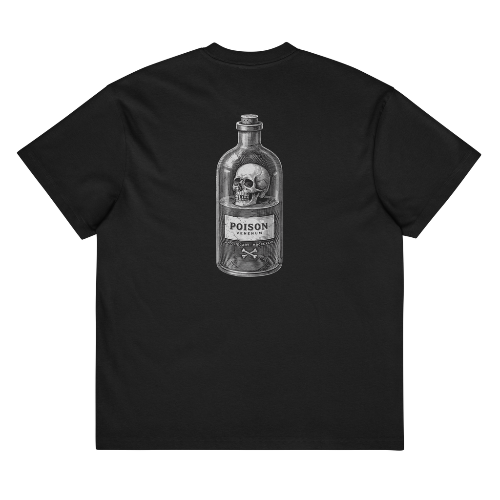 Back of a black heavyweight box tee with a bone poison bottle and skull print