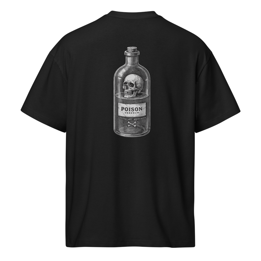 Back of a black heavyweight box tee with a bone poison bottle and skull print, shaped on the form