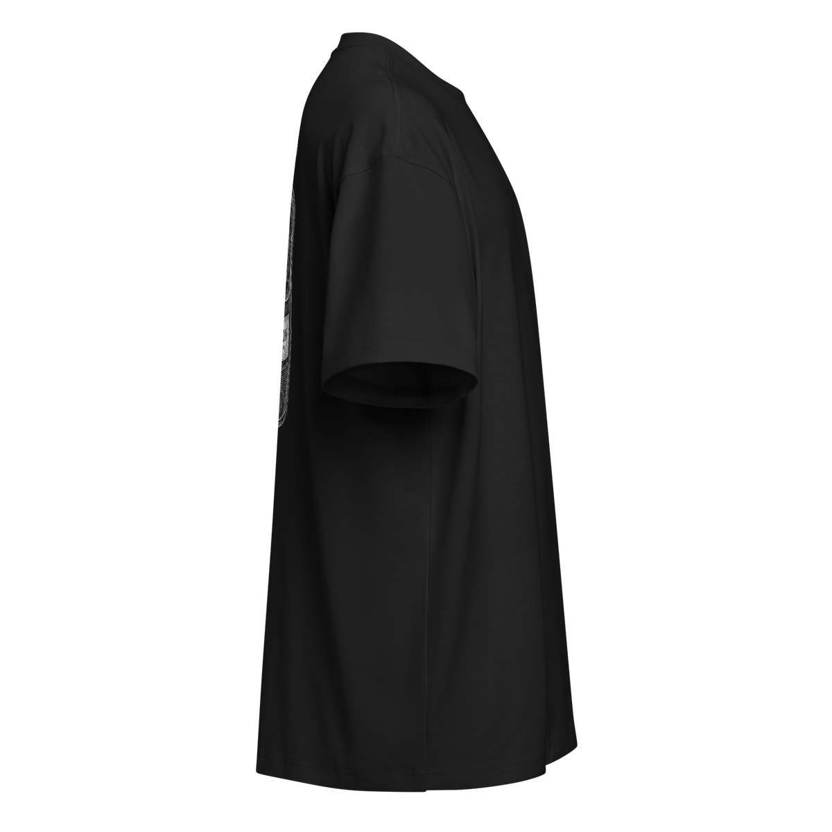 Right side of a black heavyweight box tee showing the bottle print stays on the back