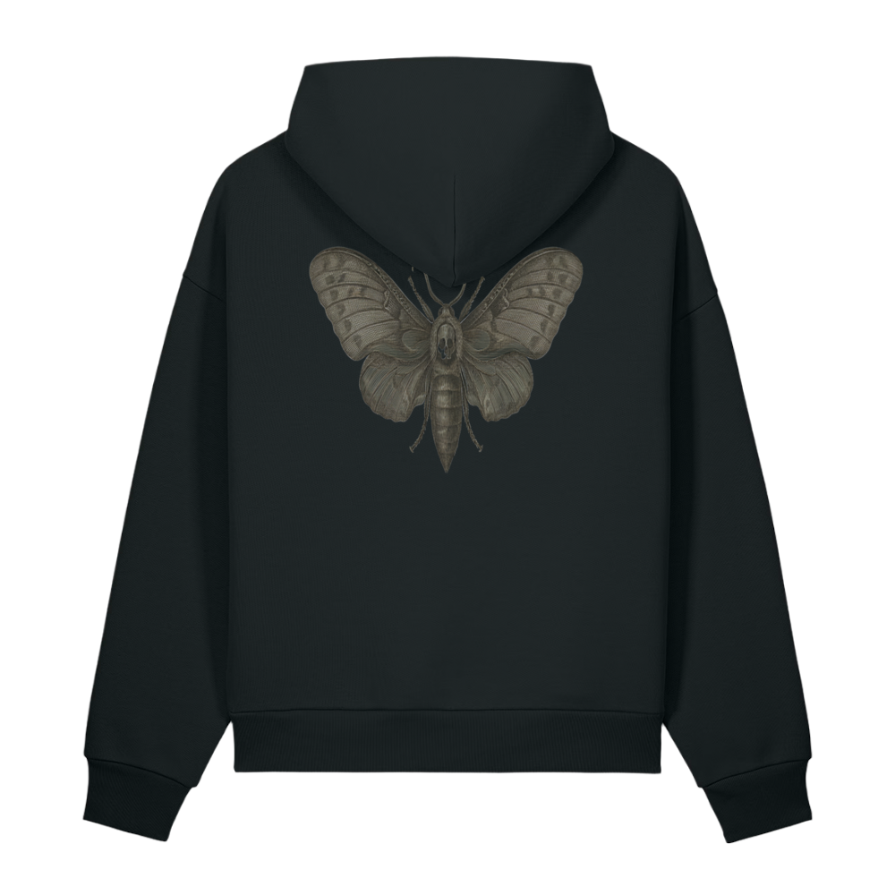 Back of a black heavyweight hoodie with a dark moth and skull on the upper back