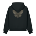 Back of a black heavyweight hoodie with a dark moth and skull on the upper back