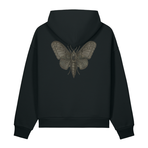 Back of a black heavyweight hoodie with a dark moth and skull on the upper back