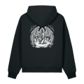 Back of a black heavyweight hoodie with a bone winged figure in a graveyard print