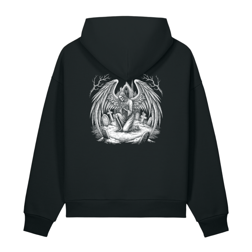 Back of a black heavyweight hoodie with a bone winged figure in a graveyard print