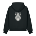Back of a black heavyweight hoodie with a bone gothic window and bats print