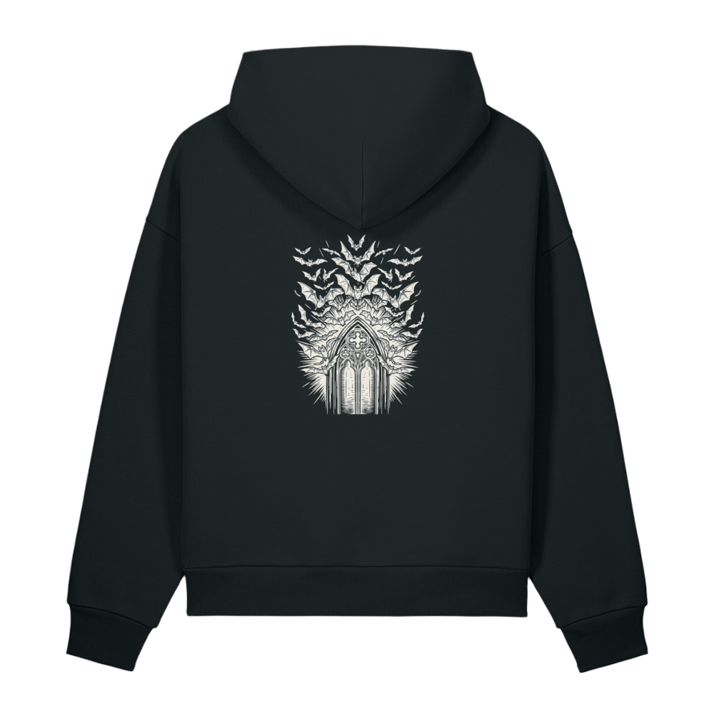 Back of a black heavyweight hoodie with a bone gothic window and bats print