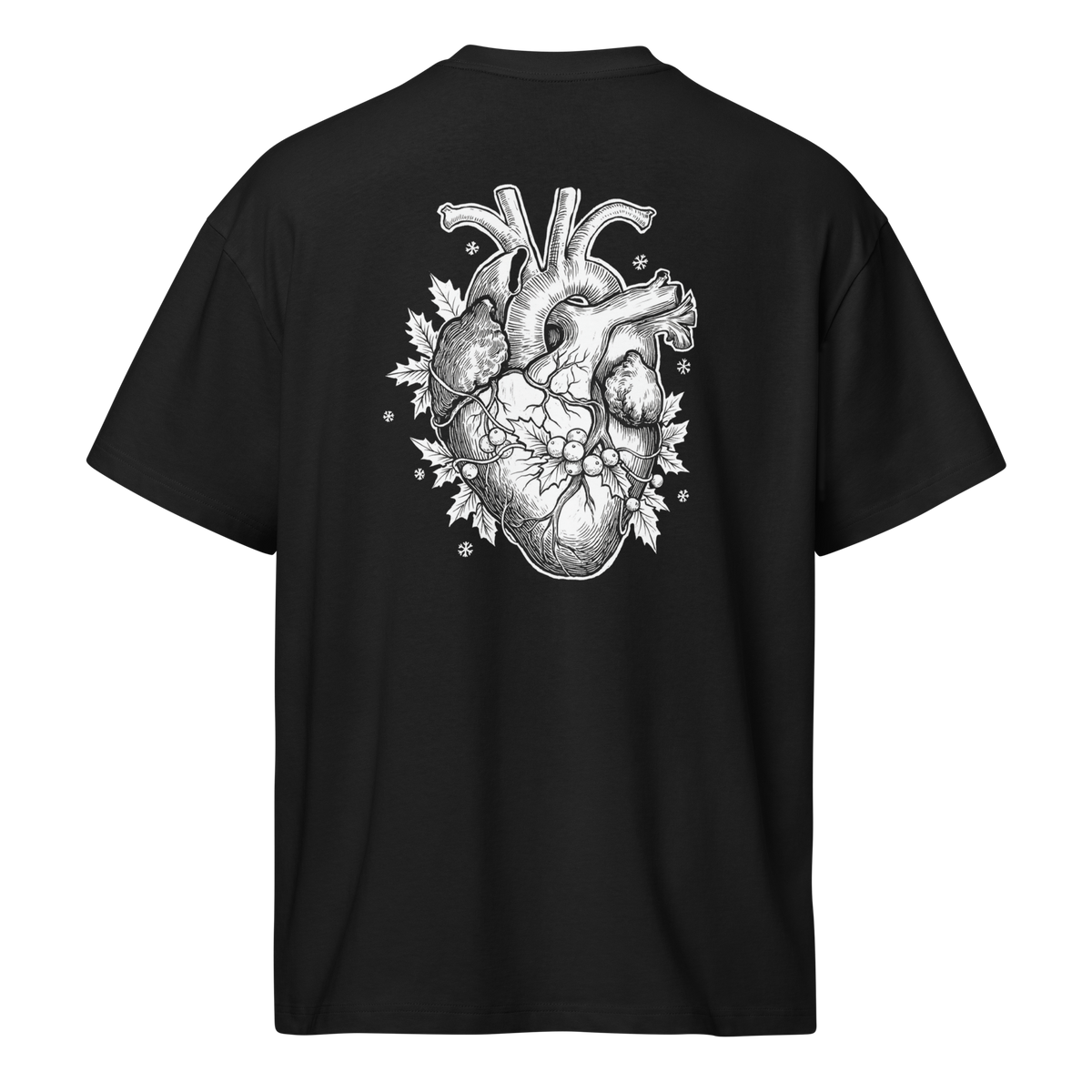 Back of a black heavyweight box tee with a bone anatomical heart and holly print