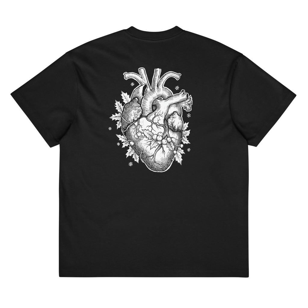 Back of a black heavyweight box tee with a bone anatomical heart and holly print