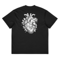Back of a black heavyweight box tee with a bone anatomical heart and holly print