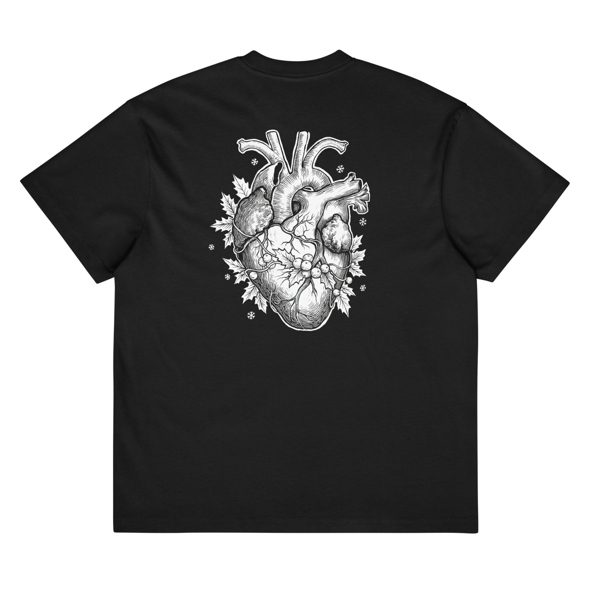 Back of a black heavyweight box tee with a bone anatomical heart and holly print