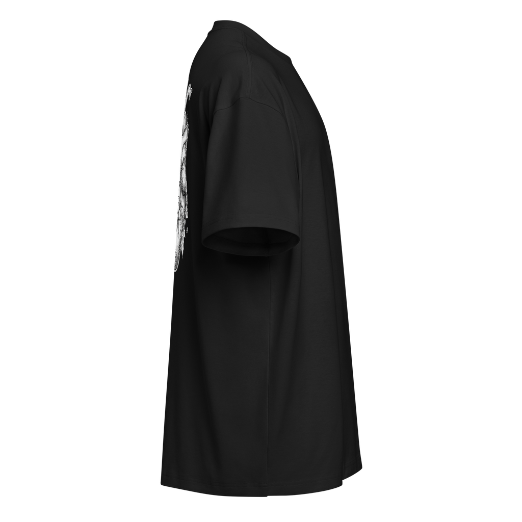 Right side of a black heavyweight box tee showing the back print edge