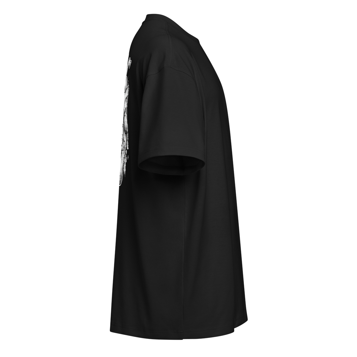 Right side of a black heavyweight box tee showing the back print edge
