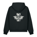 Back of a black heavyweight hoodie with a bone winged chalice print, clear of the hood