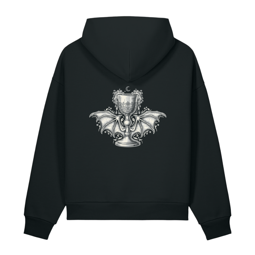 Back of a black heavyweight hoodie with a bone winged chalice print, clear of the hood
