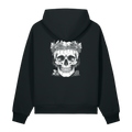 Back of a black heavyweight hoodie with a bone skull and wreath print
