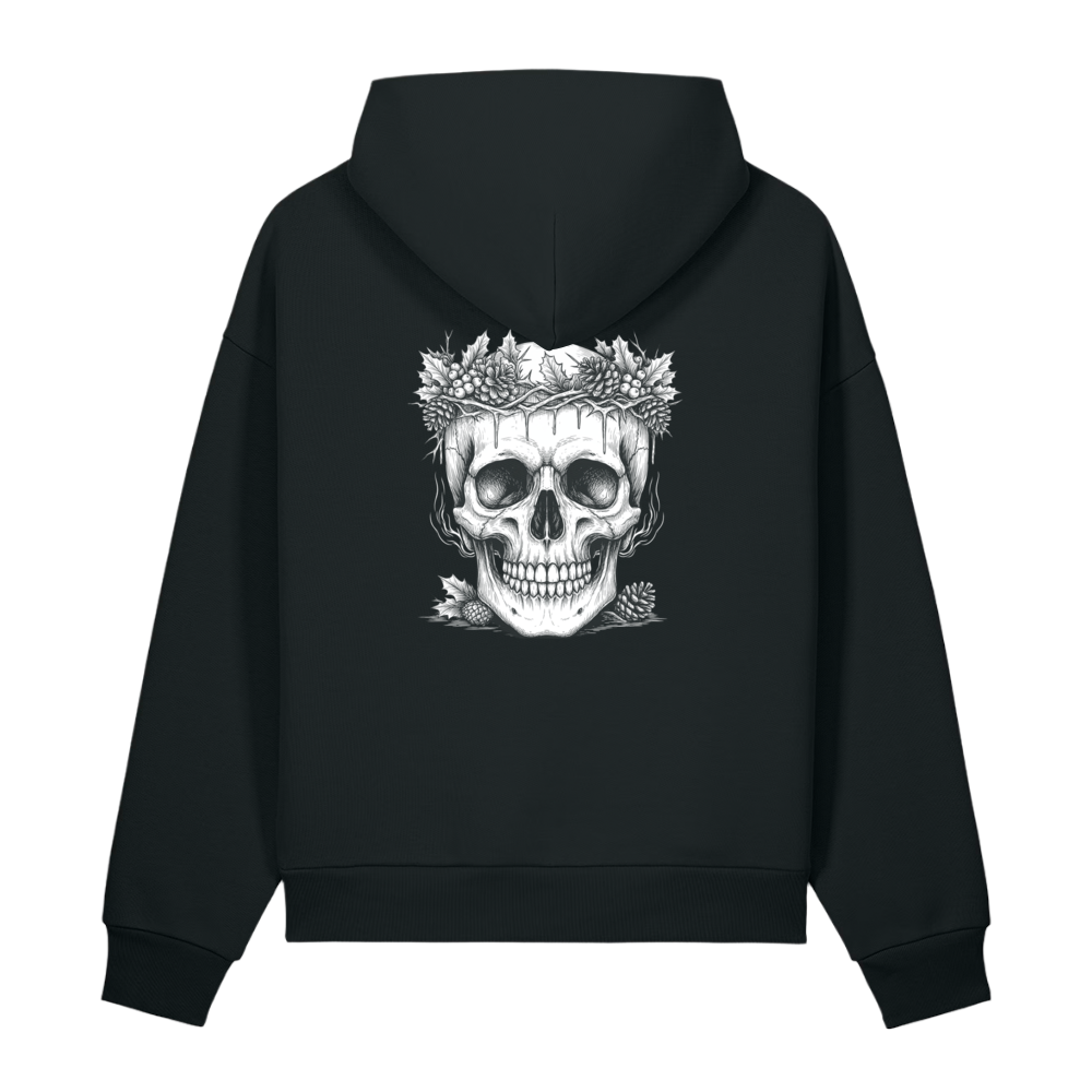 Back of a black heavyweight hoodie with a bone skull and wreath print