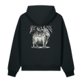 Back of a black heavyweight hoodie with a bone goat and flames print