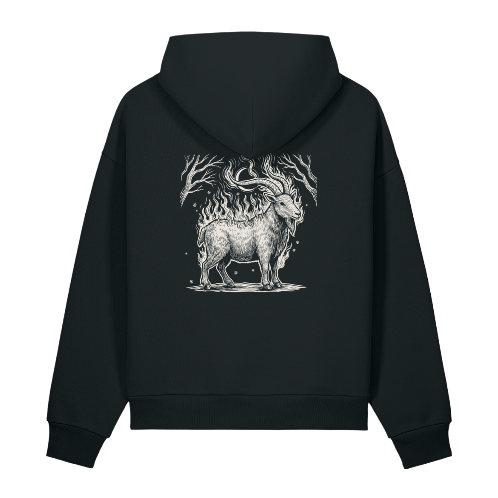 Back of a black heavyweight hoodie with a bone goat and flames print