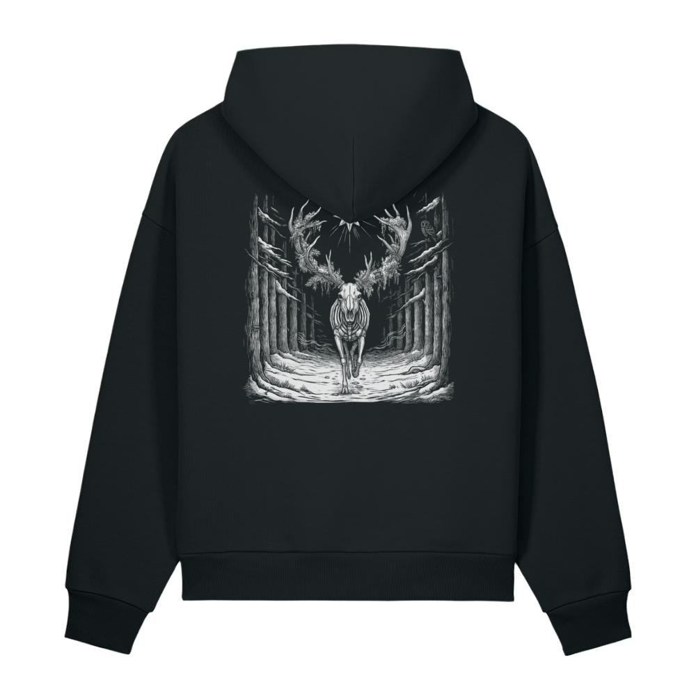 Back of a black heavyweight hoodie with a bone skeletal stag print