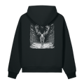 Back of a black heavyweight hoodie with a bone skeletal stag print