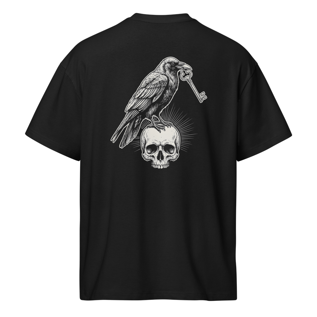 Back of a black heavyweight box tee with a bone raven, key, and skull print, shaped on the form