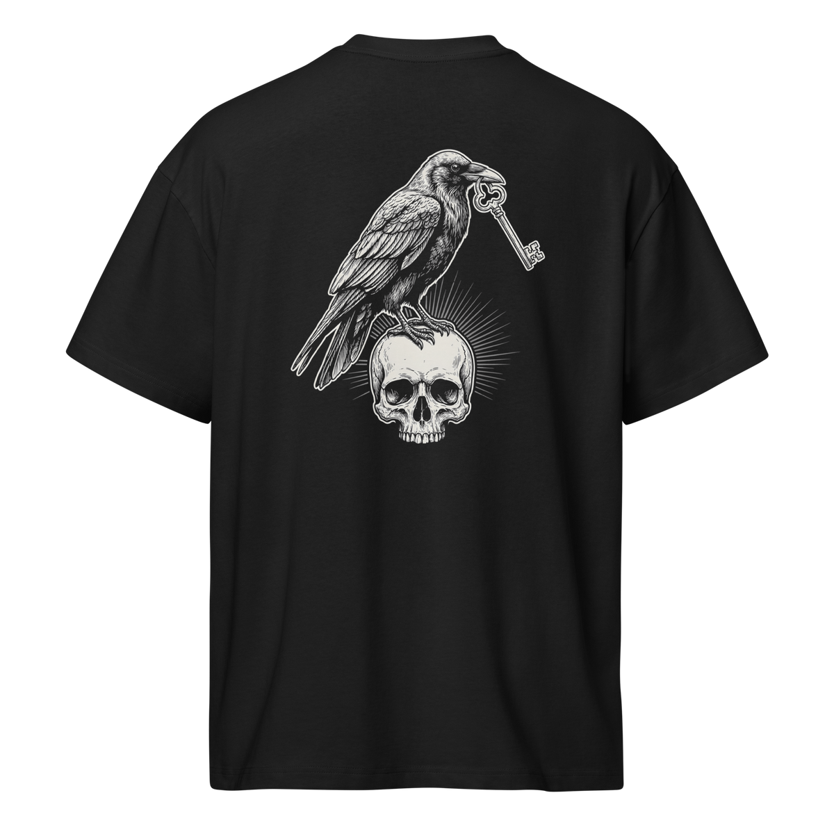 Back of a black heavyweight box tee with a bone raven, key, and skull print, shaped on the form