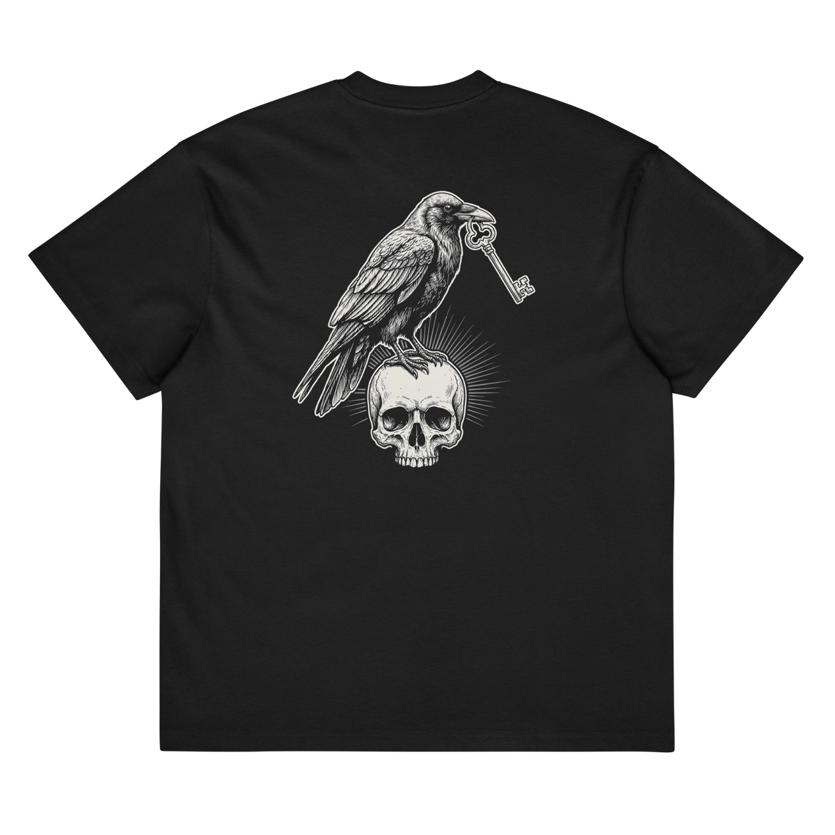 Back of a black heavyweight box tee with a bone raven, key, and skull print
