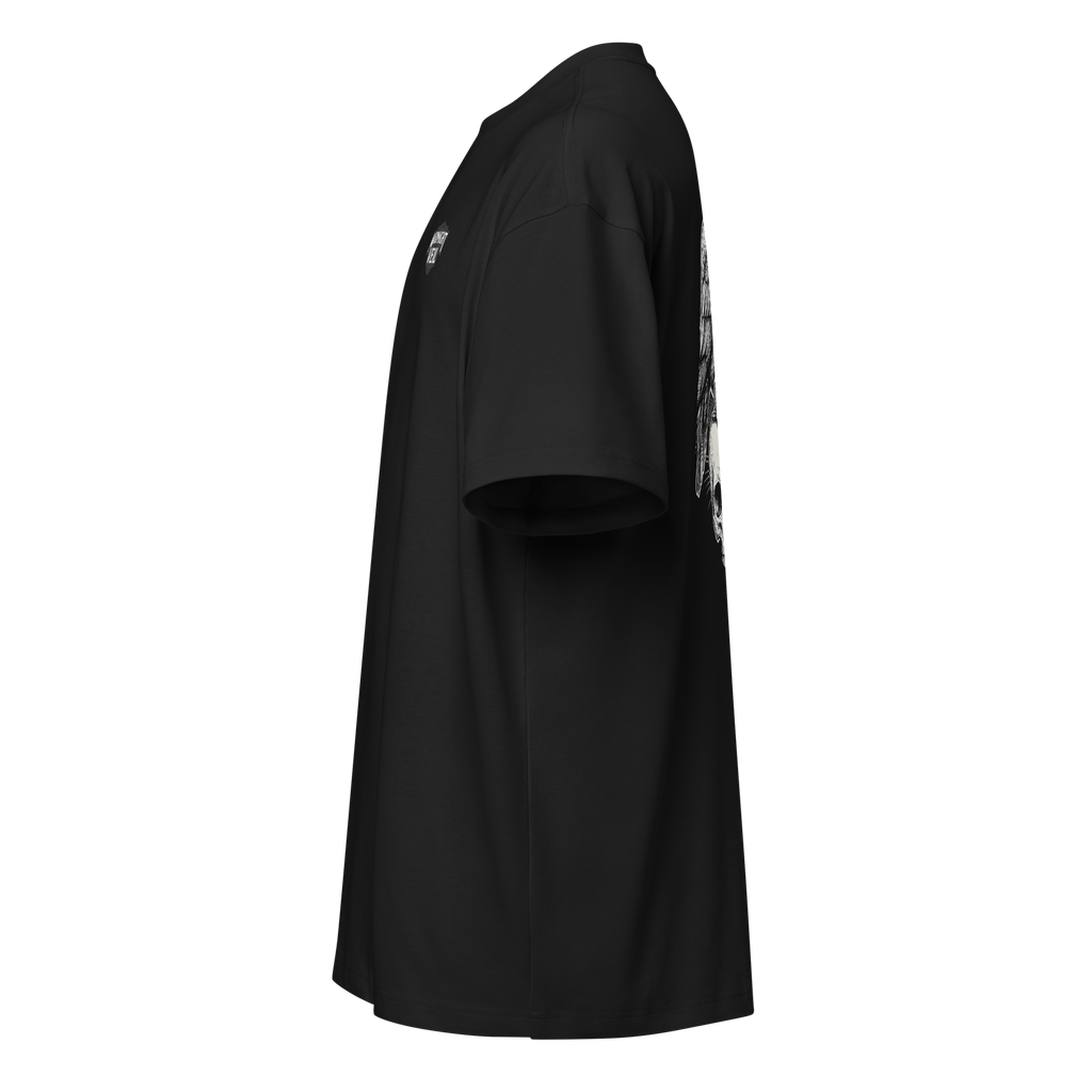 Left side of a black heavyweight box tee showing the raven print stays on the back