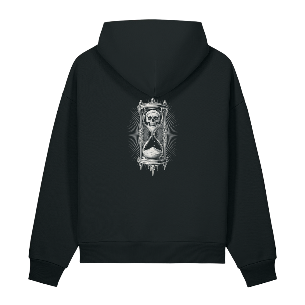 Back of a black heavyweight hoodie with a bone hourglass and skull print