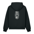 Back of a black heavyweight hoodie with a bone hourglass and skull print