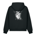 Back of a black heavyweight hoodie with a bone heart and web print, clear of the hood