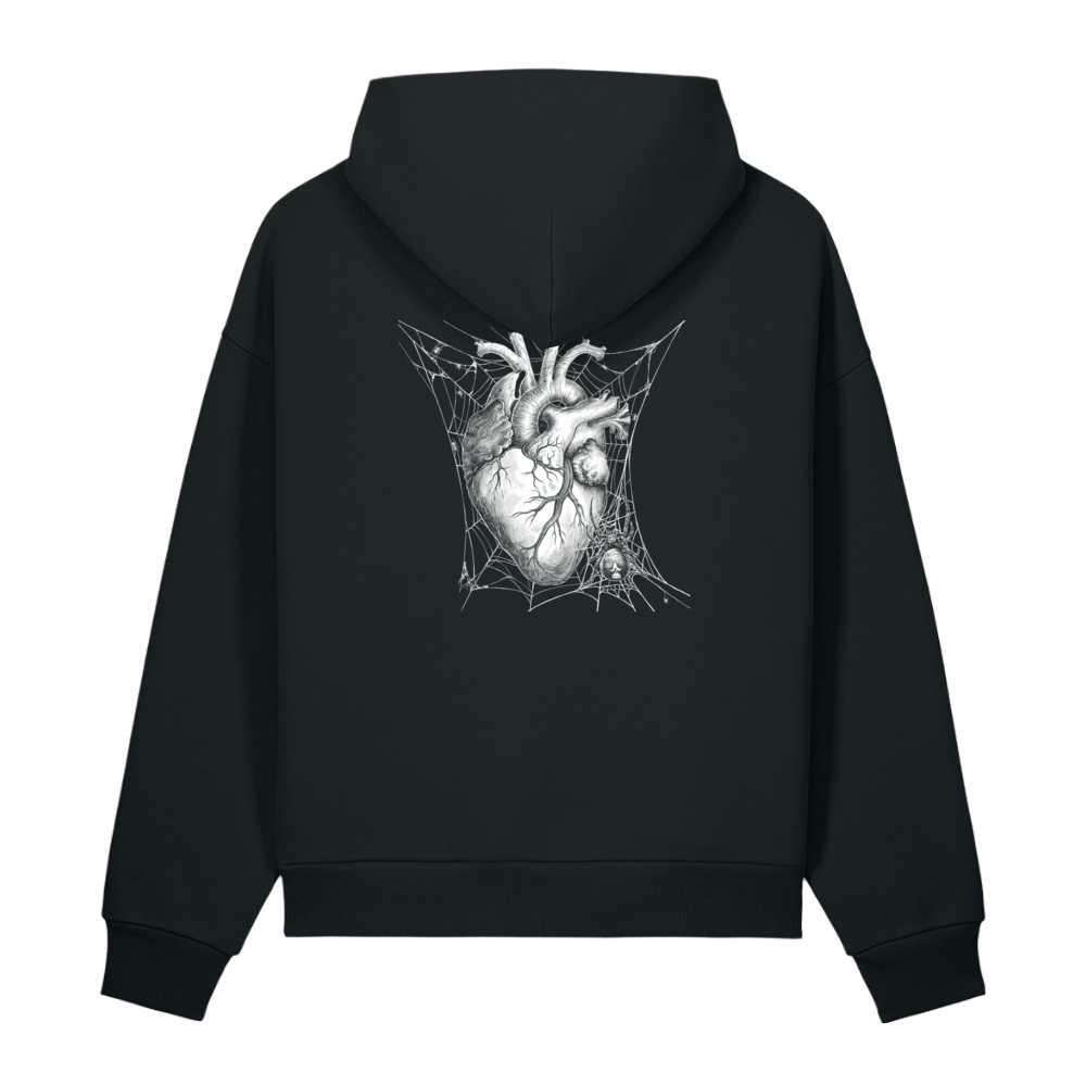 Back of a black heavyweight hoodie with a bone heart and web print, clear of the hood