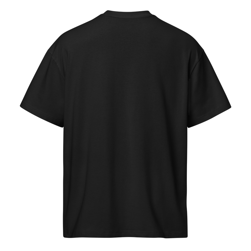 Rear view of the architectural heavyweight 7oz cotton Core Emblem box tee in Obsidian Black displaying the clean, blank back panel drape.