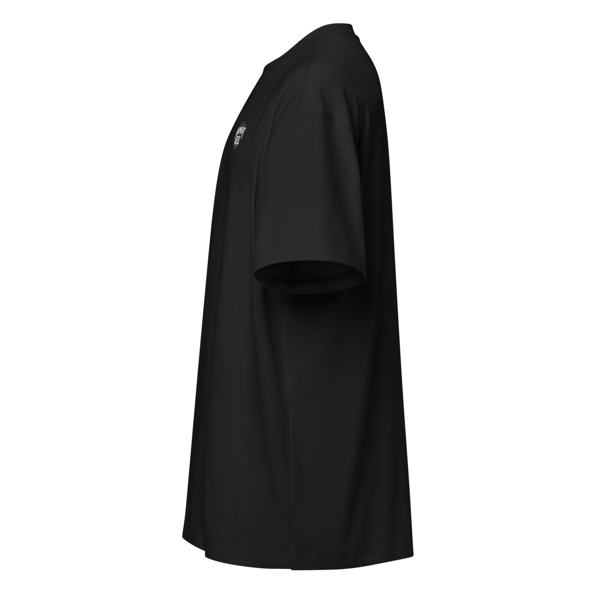 Left side profile of the heavyweight boxy drop-shoulder Core Emblem streetwear t-shirt in Obsidian Black highlighting the relaxed sleeve fit.