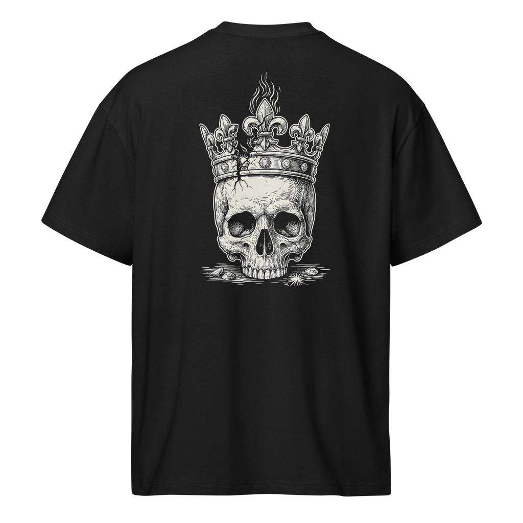 Back of a black heavyweight box tee with a bone crowned skull print, shaped on the form