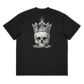 Back of a black heavyweight box tee with a bone crowned skull print