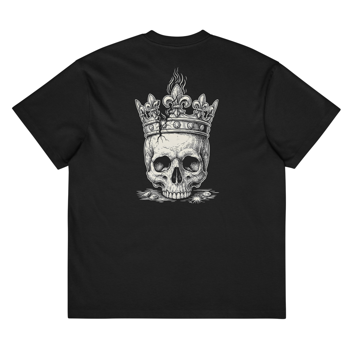 Back of a black heavyweight box tee with a bone crowned skull print
