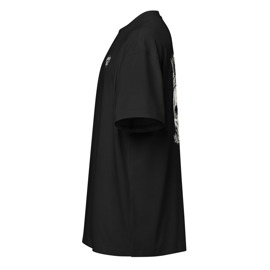 Left side of a black heavyweight box tee showing the crowned skull print stays on the back