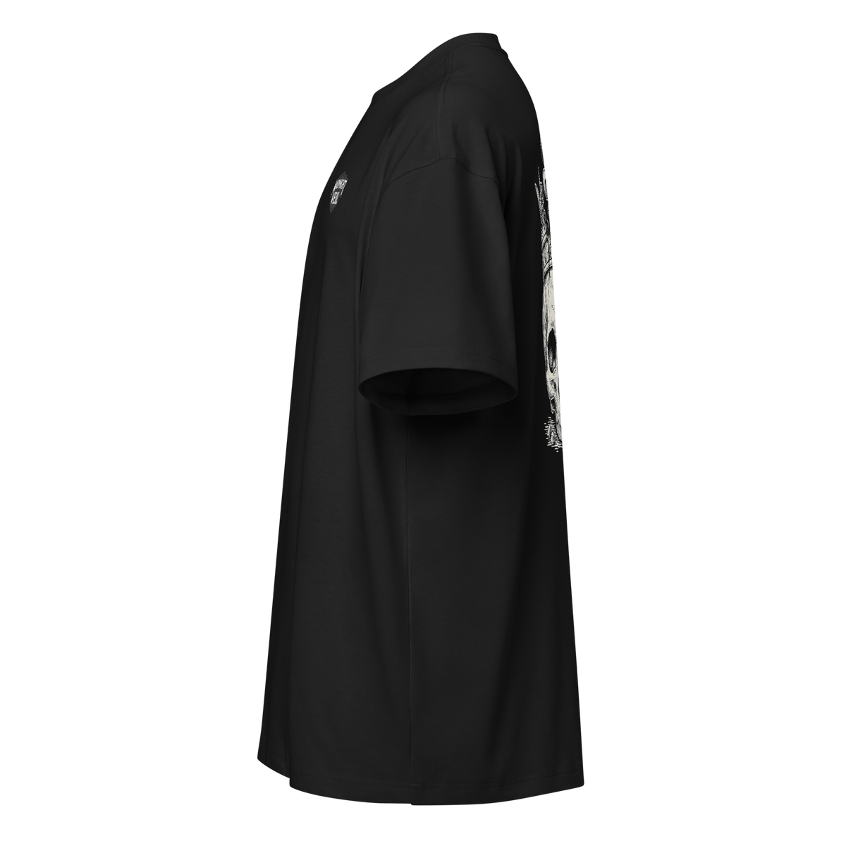 Left side of a black heavyweight box tee showing the crowned skull print stays on the back