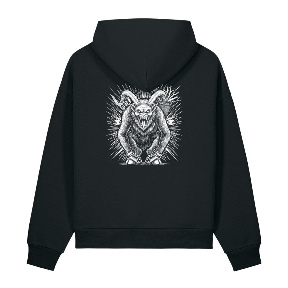 Back of a black heavyweight hoodie with a bone horned creature print